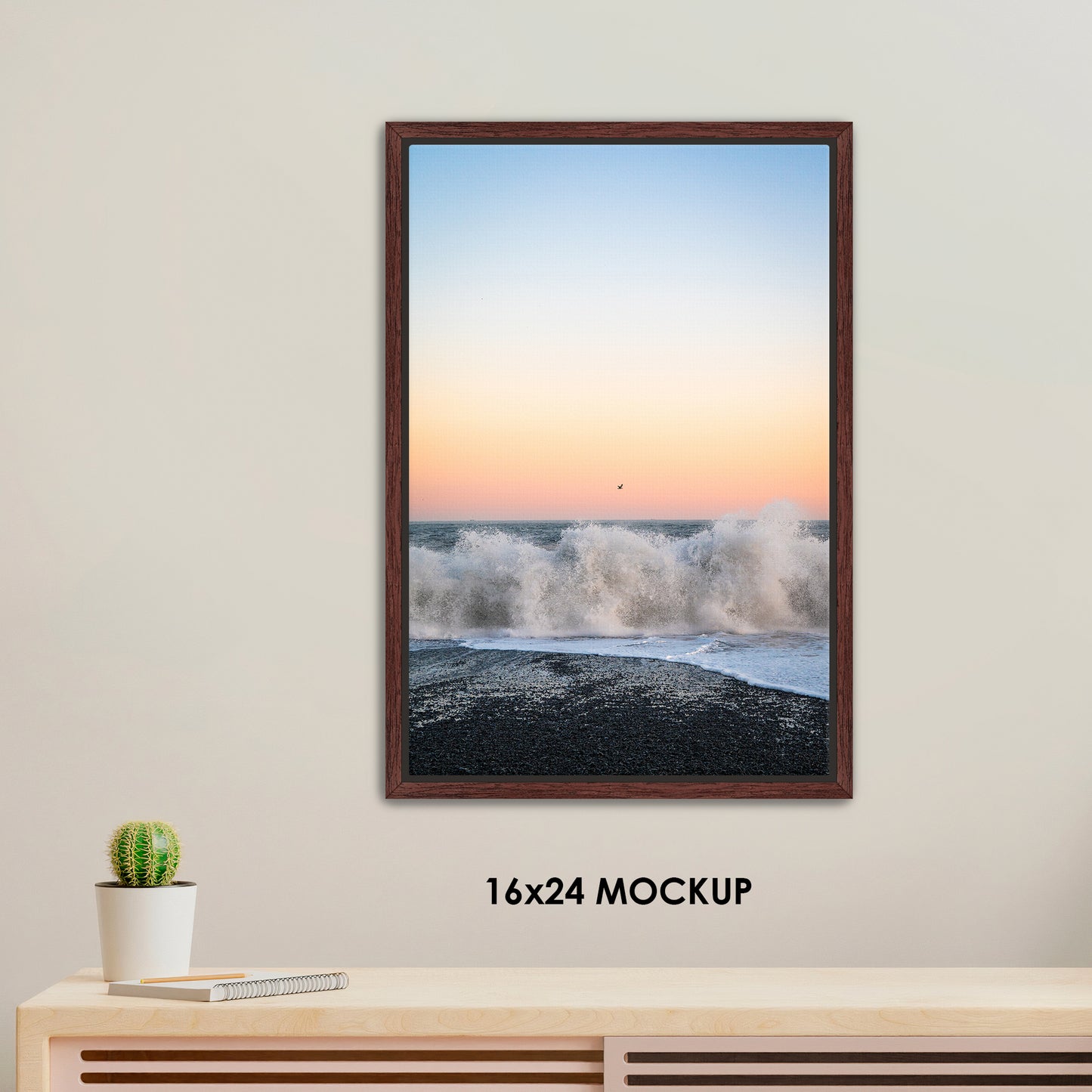 Sunset Flight Over Crashing Waves / FenixPDE / Framed Photography Canvas Print